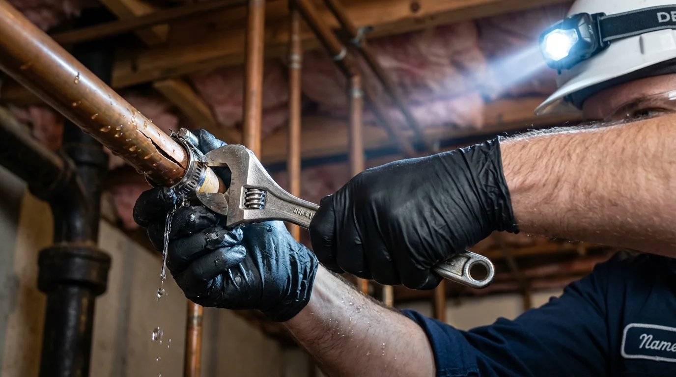 Emergency pipe clamp repair being performed by a Johns Plumbing LLC plumber in Agoura Hills