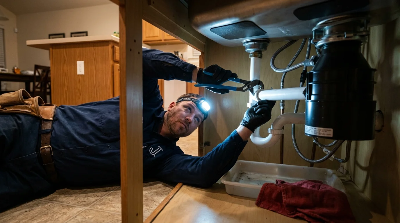 P-trap and supply line connections under a kitchen sink showing a common leak point in Agoura Hills, CA
